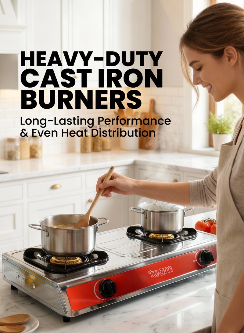 TEAM Stainless Steel Double Burner Gas Stove | Heavy-Duty Cast Iron Burners, Automatic Ignition, Adjustable Damper, Detachable Drip Pan - Image 2